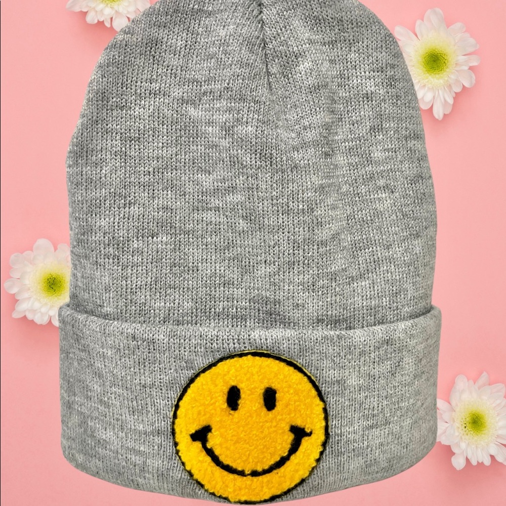 Smiley face beanie happy smile more trendy chenille patch sherpa